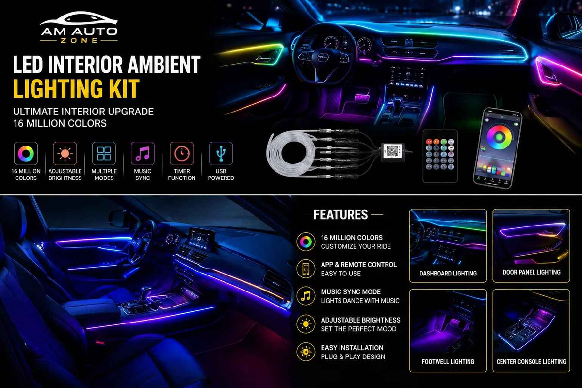 AM Auto Zone RGB LED Interior Ambient Lighting Kit 12V – 5 in 1 App & Remote Control