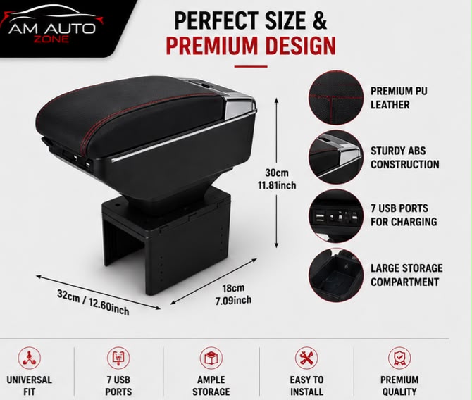 Universal Car Center Console Armrest with 7 USB Ports | Storage Box & PU Leather