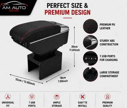 Universal Car Center Console Armrest with 7 USB Ports | Storage Box & PU Leather