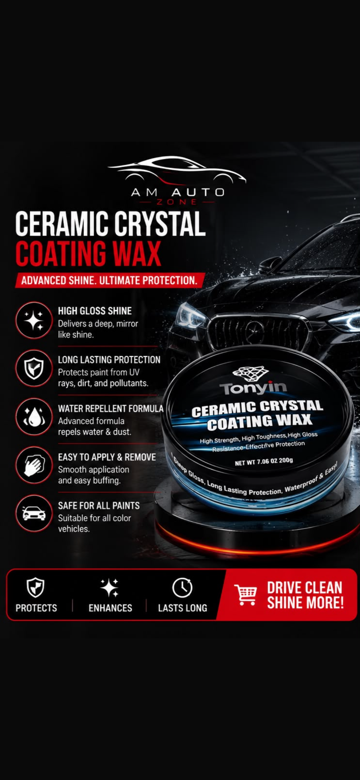 Tonyin Ceramic Crystal Coating Wax – 200g | Premium Car Protection Wax