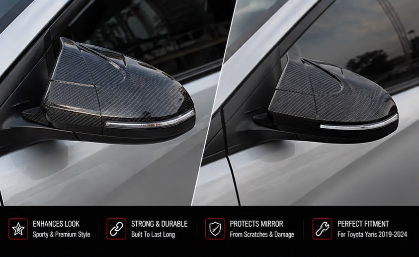 Batman Style Carbon Fiber Side Mirror Covers for Toyota Yaris 2019, 2020, 2021, 2022, 2023 & 2024 | Premium ABS Mirror Caps | AM Auto Zone