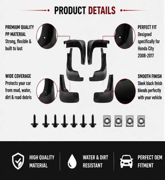 Honda City Mud Flaps Set 2008 2009 2010 2011 2012 2013 2014 2015 2016 2017 | Front & Rear Splash Guards