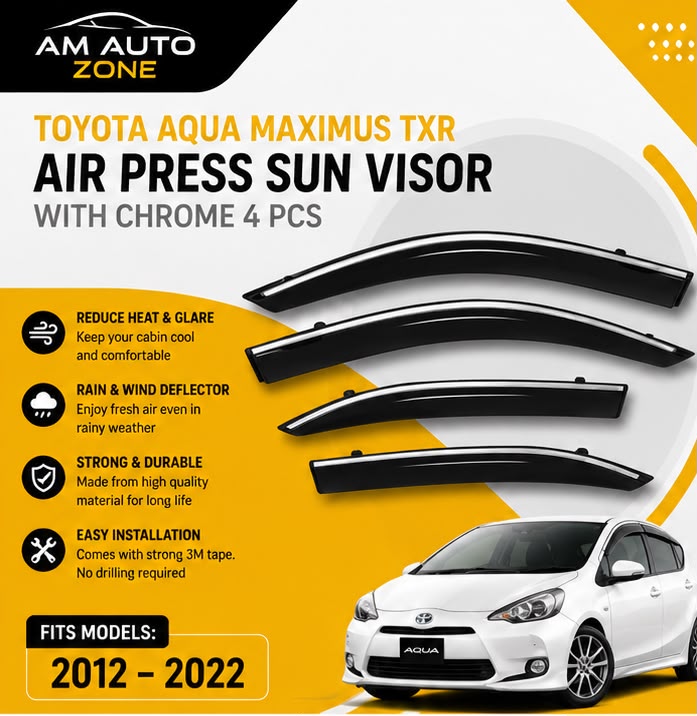 Air Press Sun Visor with Chrome for Toyota Aqua Maximus TXR (2012, 2013, 2014, 2015, 2016, 2017, 2018, 2019, 2020, 2021, 2022
) | 4 PCS Rain Guard Window Deflector