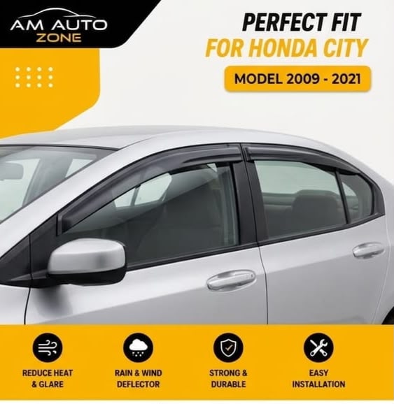 Honda City Maximus TXR NB 2009, 2010, 2011, 2012, 2013, 2014, 2015, 2016, 2017, 2018, 2019, 2020, 2021 Air Press Sun Visor | Without Chrome | 4 PCS | Rain & Wind Deflectort