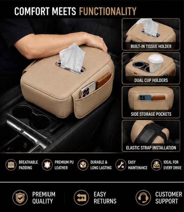 Universal Car Armrest Cushion with Dual Cup Holders | Tissue Box & Storage | Beige