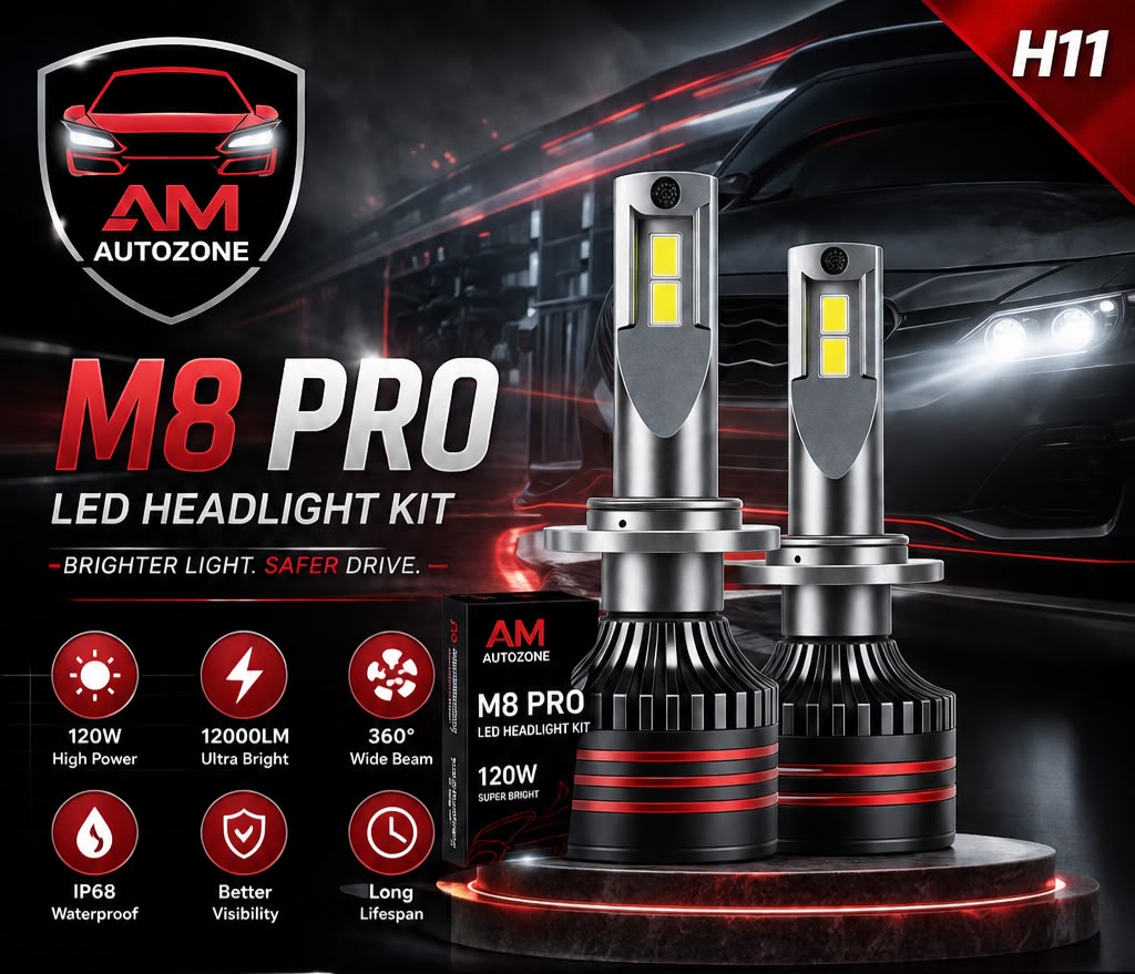 AM Autozone M8 PRO H11 LED Headlight Kit – 120W 12000LM Super Bright IP68 Waterproof Plug & Play (Pair)