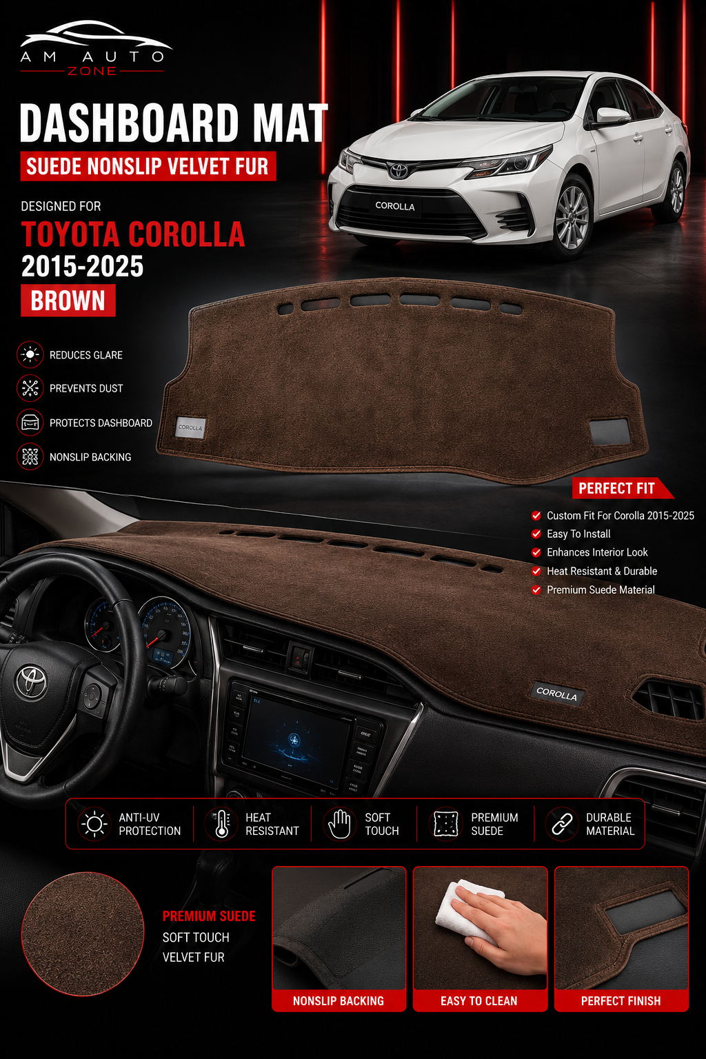 Brown Dashboard Mat for Toyota Corolla 2015, 2016, 2017, 2018, 2019, 2020, 2021, 2022, 2023, 2024 & 2025 | Premium Suede Non-Slip Dashboard Cover | Heat Resistant Anti-Glare Dash Mat | AM Auto Zone