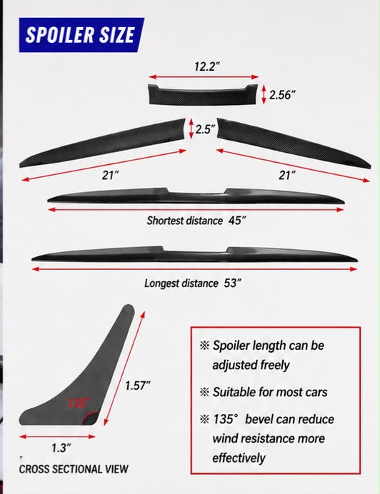 3PC Carbon Trunk Spoiler Lip | Universal Rear Bumper Spoiler