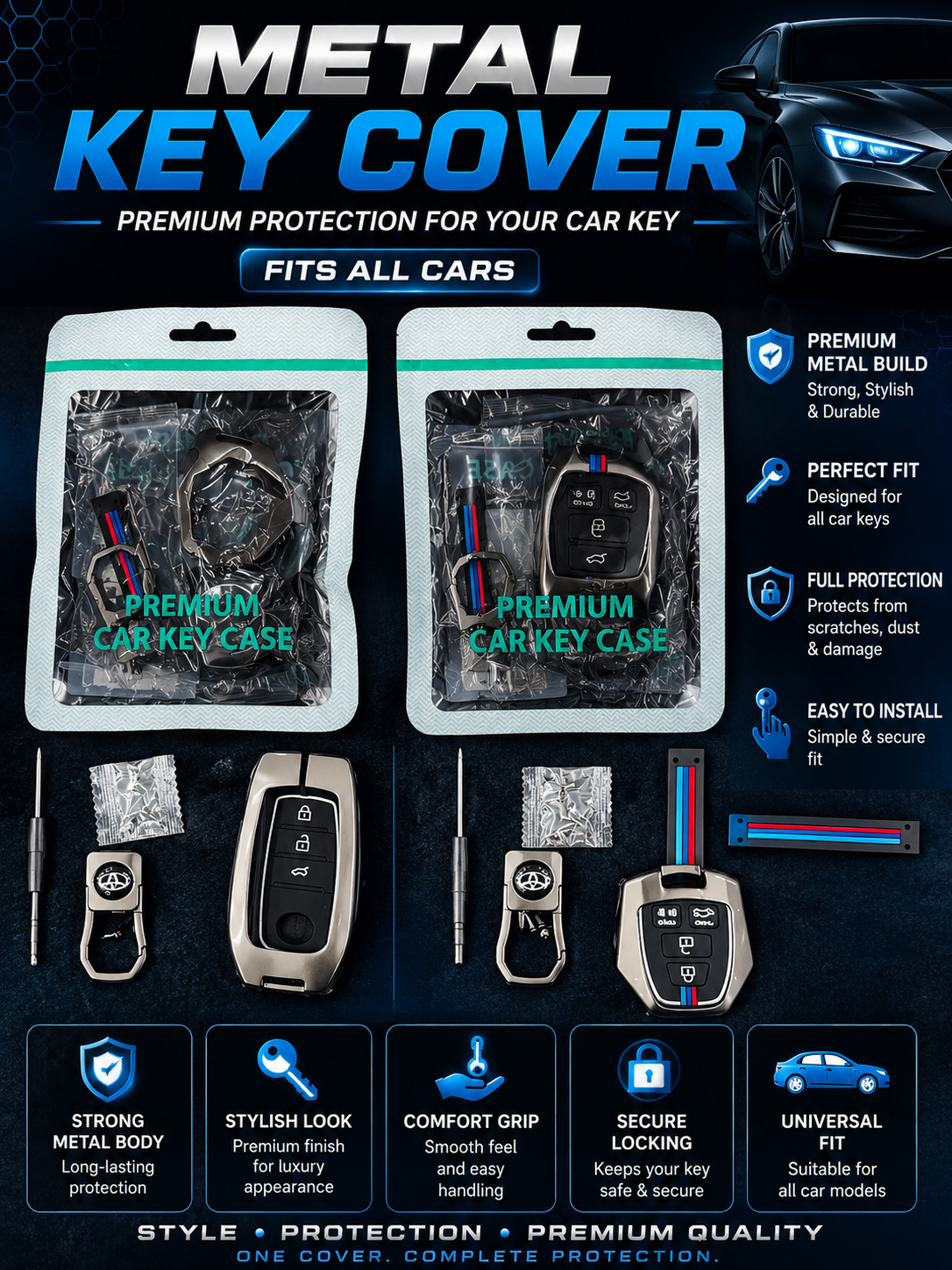 Premium Metal Car Key Case Cover with Keychain – Smart Remote Key Protector All cars