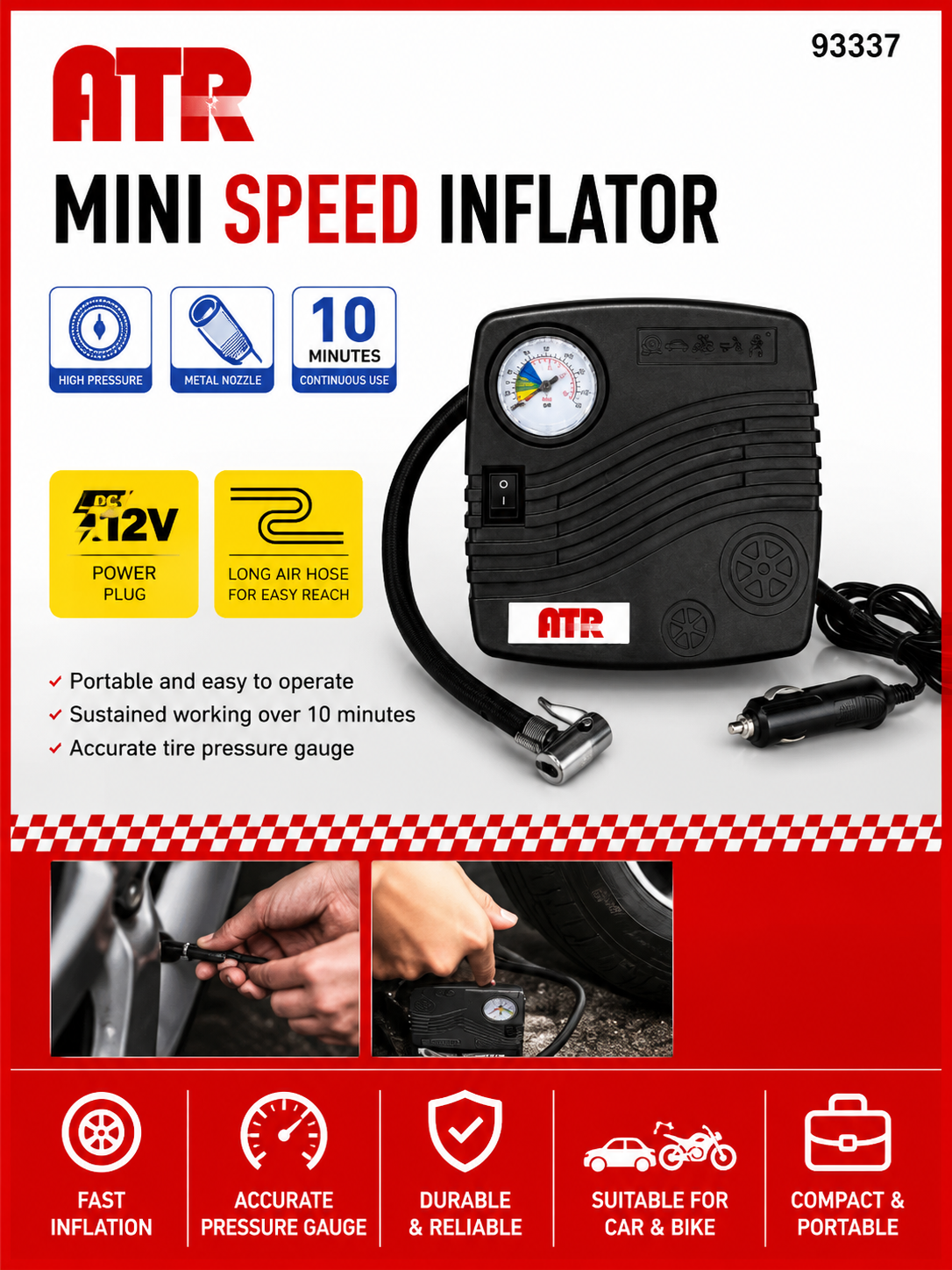 ATR Mini Speed Inflator 12V DC Portable Air Compressor with Pressure Gauge for Car & Bike Tires